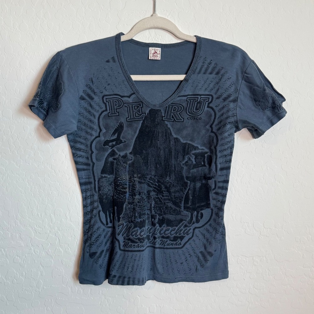 Y2K Inca Peru Southwestern Graphic V-Neck T-Shirt Blue Gray Women Medium